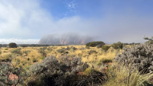 Ayers Rock im morgigen Nebel